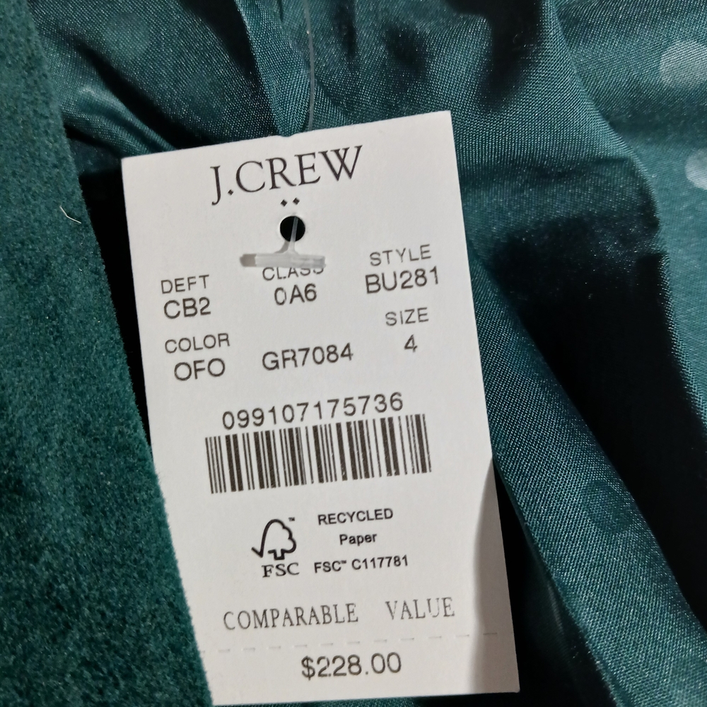 J. Crew NWT Women's Green Velvet Women's Blazer Faux Suede Size 4 Velour - Picture 7 of 7